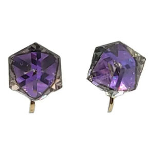 Gold Tone Peekaboo Clear Purple Glass AB Cube Modern Clip On Earrings